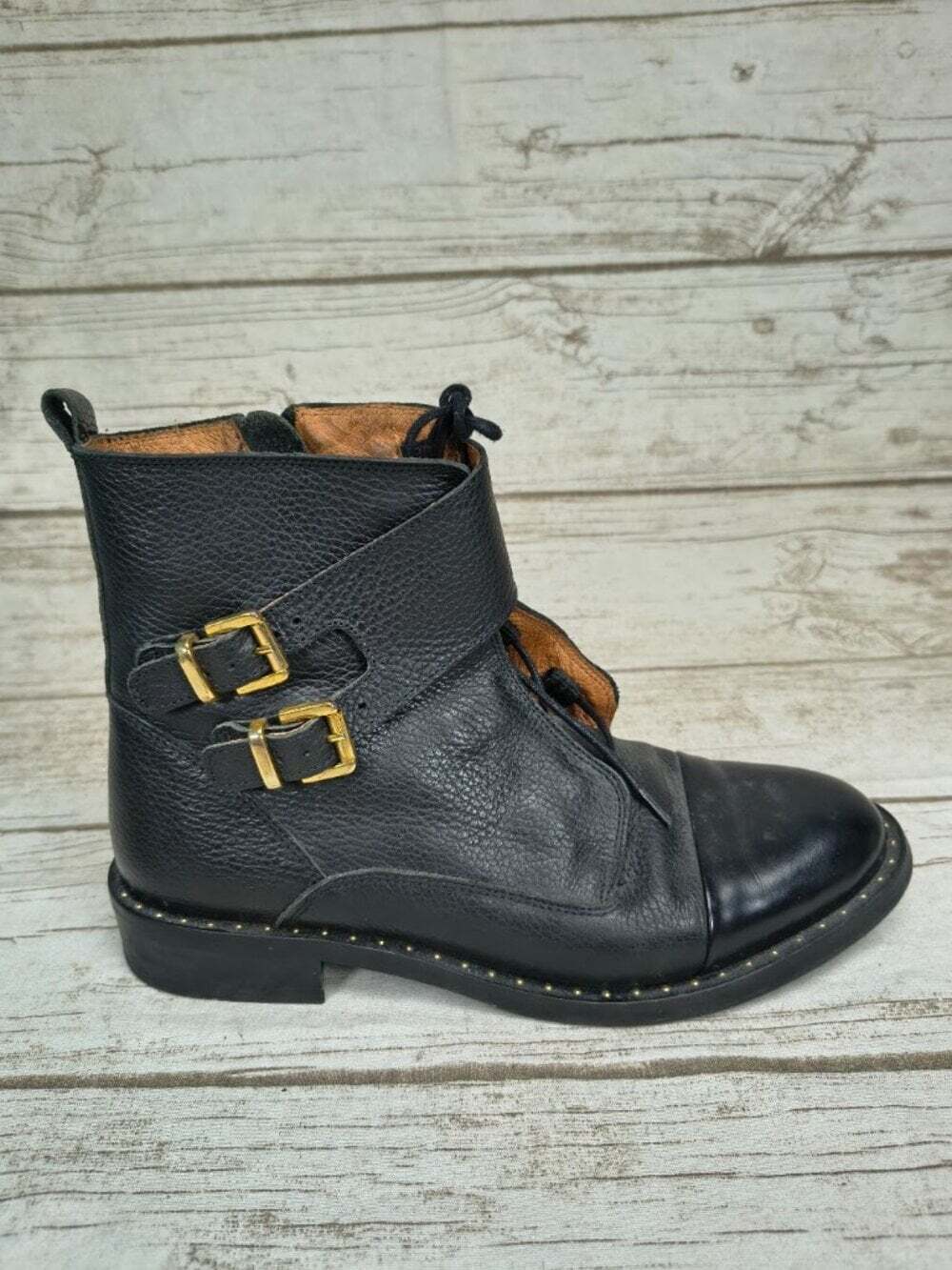 Mos Mosh MM Dublin Black Leather Double Buckle Boots Size 39